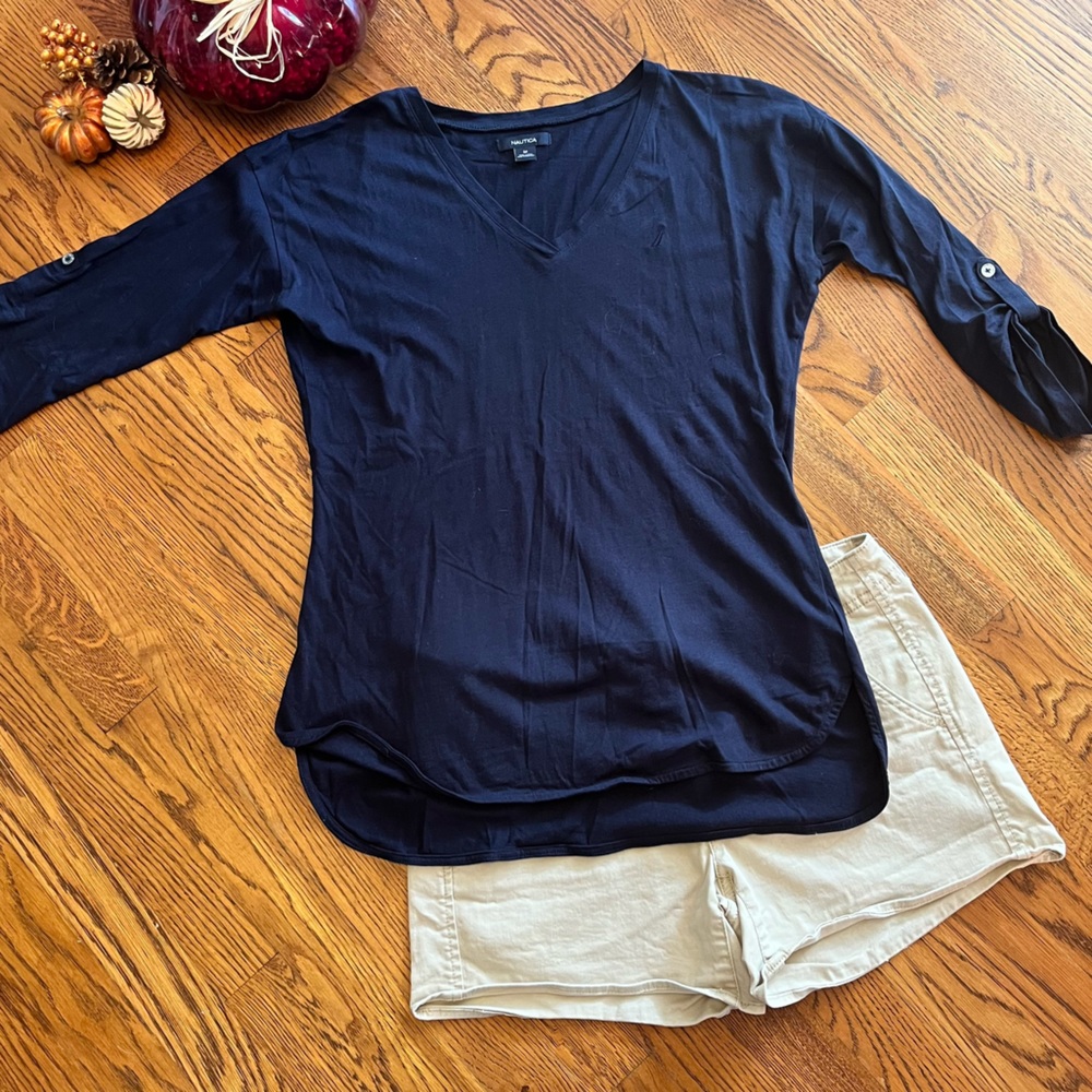 Nautica navy blue 3/4 roll sleeve knit top, size M